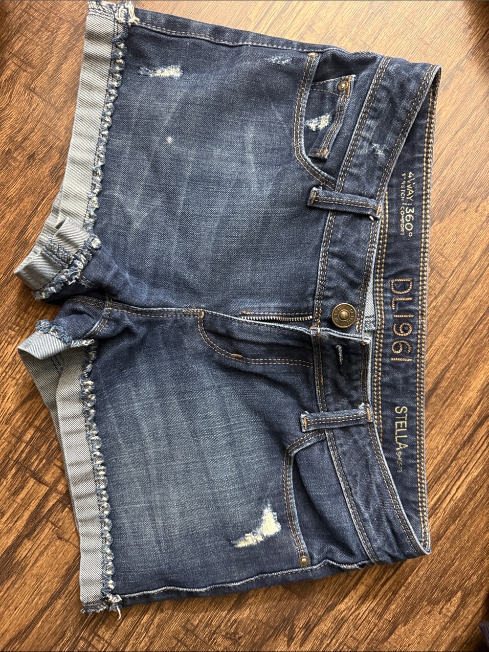 DL1961 Stella Mid/Dark Blue Distressed Denim Cutoff Shorts